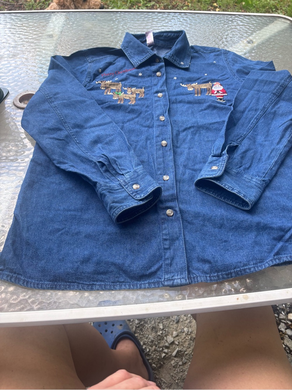 Dark Blue Denim Button-Down Shirt with Holiday Embroidery